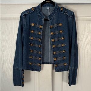 Chic Denim Military Jacket with Gold Accents